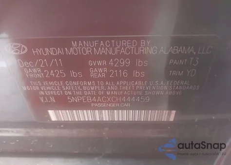 2012 Hyundai Sonata Gls from USA, damaged, VIN 5NPEB4ACXCH444459